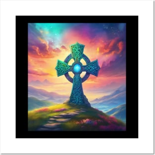 Colorful Ancient Fantasy Celtic Cross set into a grassy hill overlooking mountains. Posters and Art